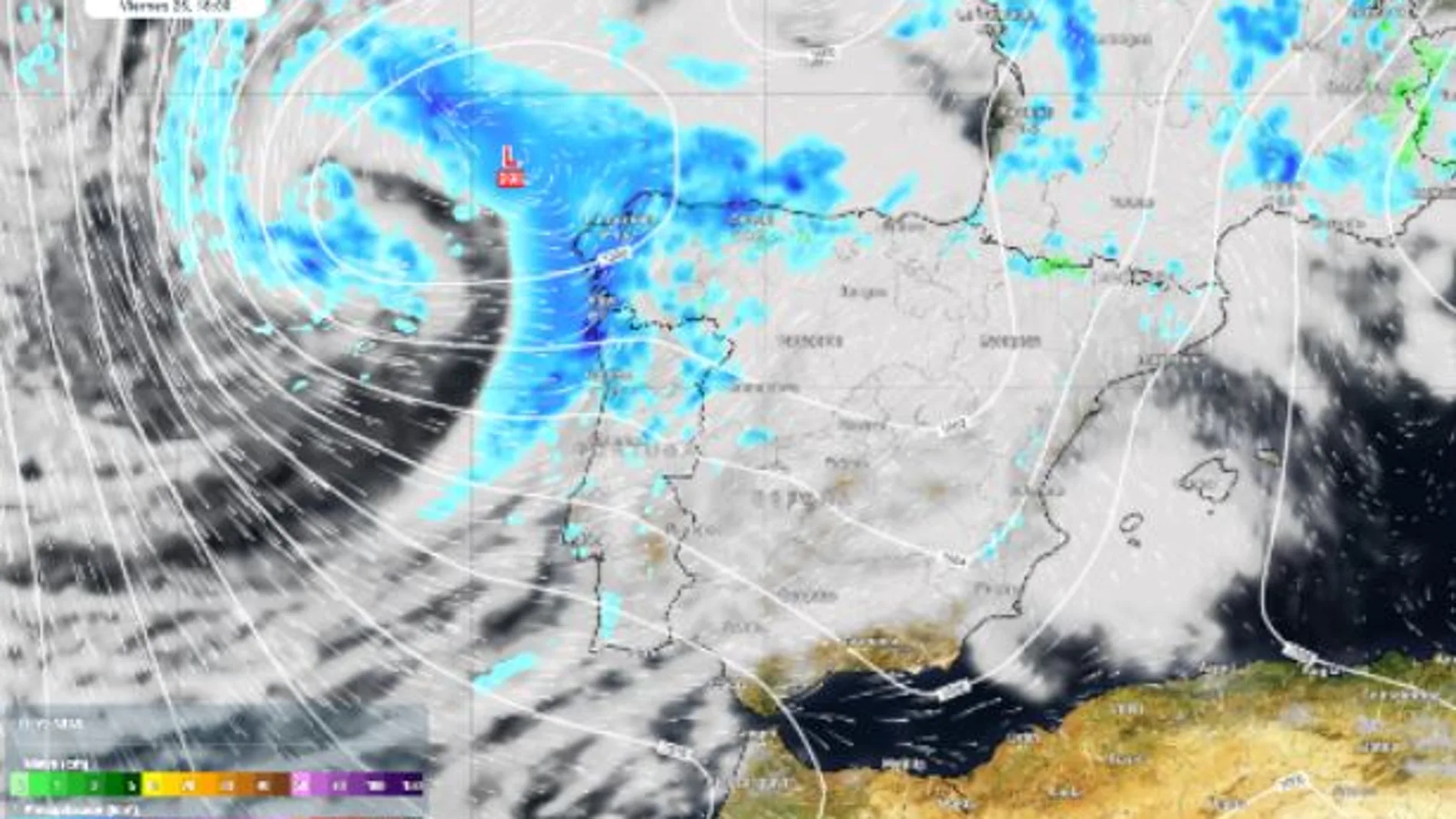 Posición prevista de la borrasca fría el próximo viernes, 26 de abril de 2024