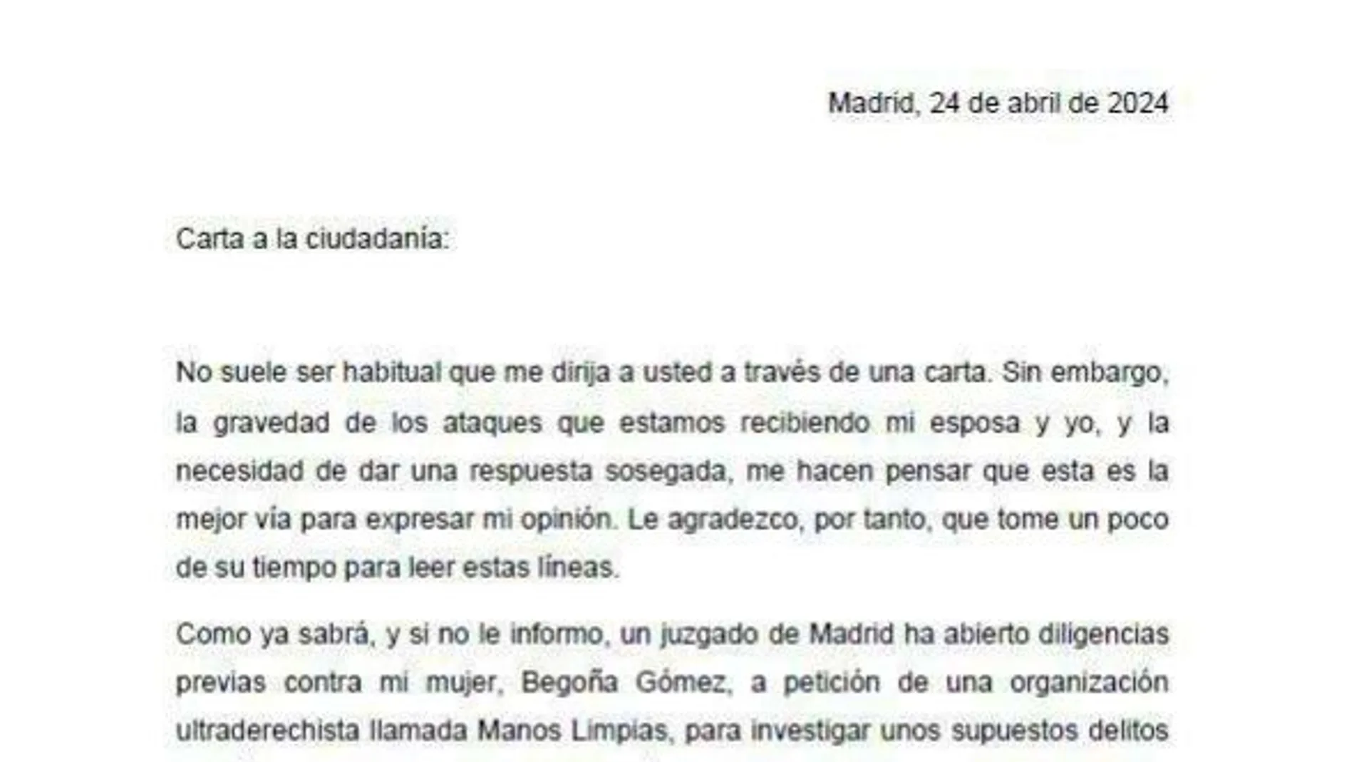 Diez frases de la carta de Pedro Sánchez: Del "soy un hombre profundamente enamorado" a la "máquina del fango"