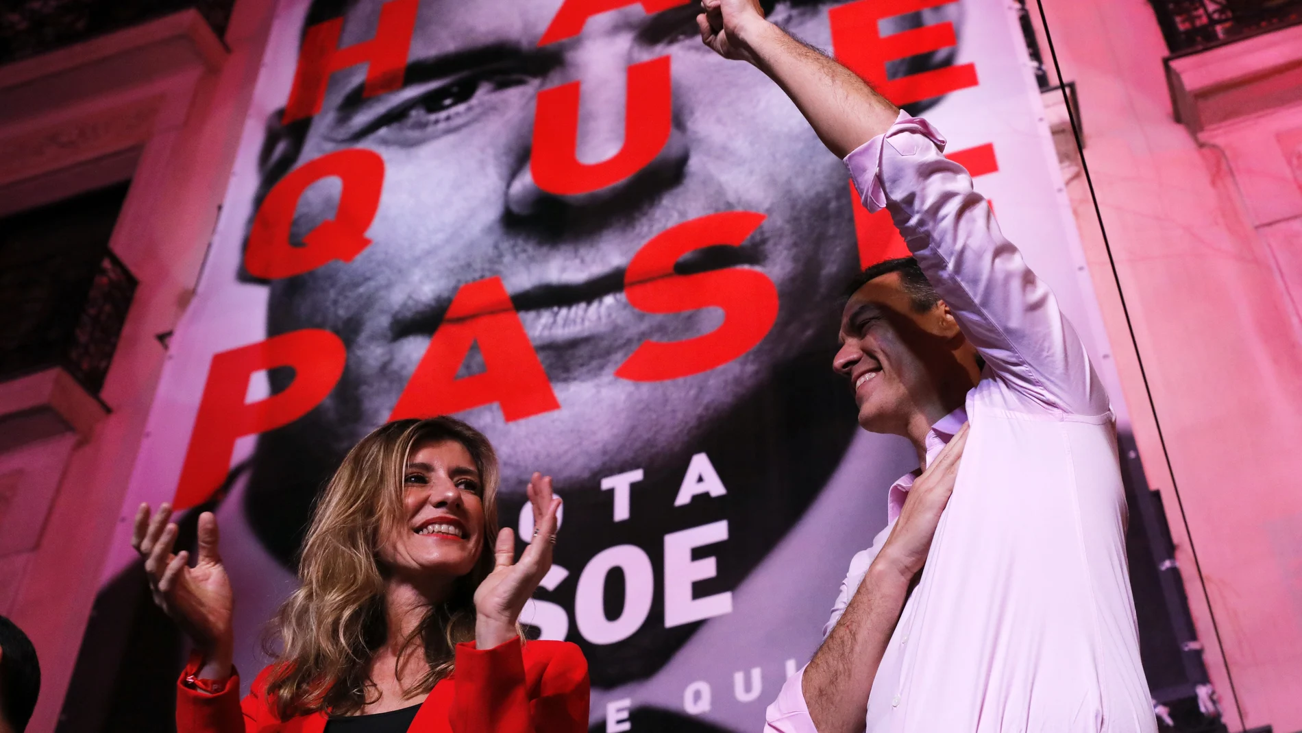 FILE - Spain's Prime Minister and Socialist Party leader Pedro Sanchez and and his wife Begona Gomez, left, celebrate general election results in Madrid, Spain, April 28, 2019. Socialist Prime Minister Pedro Sanchez has left Spain in suspense on announcing he may step down because of what he called an "unprecedented" smear campaign against his wife. Sanchez, who has been in office since 2018, stunned all Wednesday April 24, 2024 by announcing that he was canceling all events until next week when he will unveil his future. (AP Photo/Bernat Armangue, File)