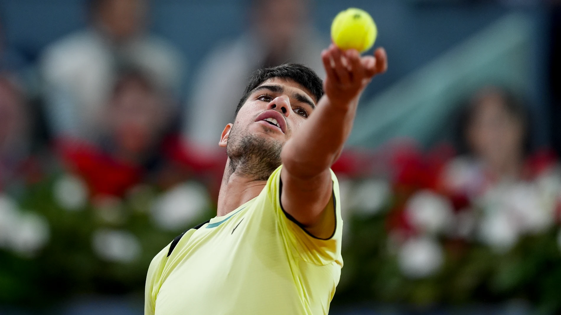 Carlos Alcaraz of Spain in action against Andrey Rublev of Russia during the Mutua Madrid Open 2024, ATP Masters 1000 and WTA 1000, tournament celebrated at Caja Magica on May 01, 2024 in Madrid, Spain. AFP7 01/05/2024 ONLY FOR USE IN SPAIN