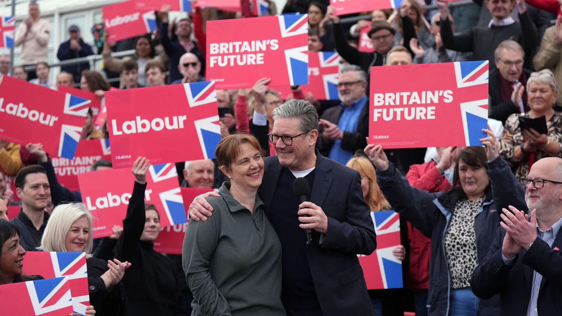 Britain's Labour Party leader Sir Keir Starmer with newly elected East Midlands mayor Claire Ward during a visit to Forest Town Arena in Mansfield, England, Saturday May 4, 2024. (Jacob King/PA via AP)