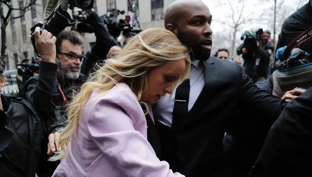 Porn actress Stormy Daniels arrives at federal court, Monday, April 16, 2018, in New York.