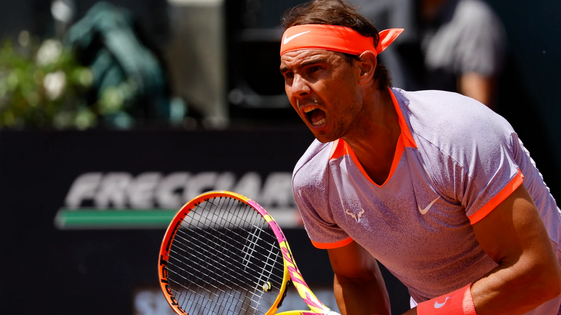Rome (Italy), 09/05/2024.- Rafael Nadal of Spain in action during his men's singles 1st round match against Zizou Bergs of Belgium at the Italian Open tennis tournament in Rome, Italy, 09 May 2024. (Tenis, Bélgica, Italia, España, Roma) EFE/EPA/FABIO FRUSTACI