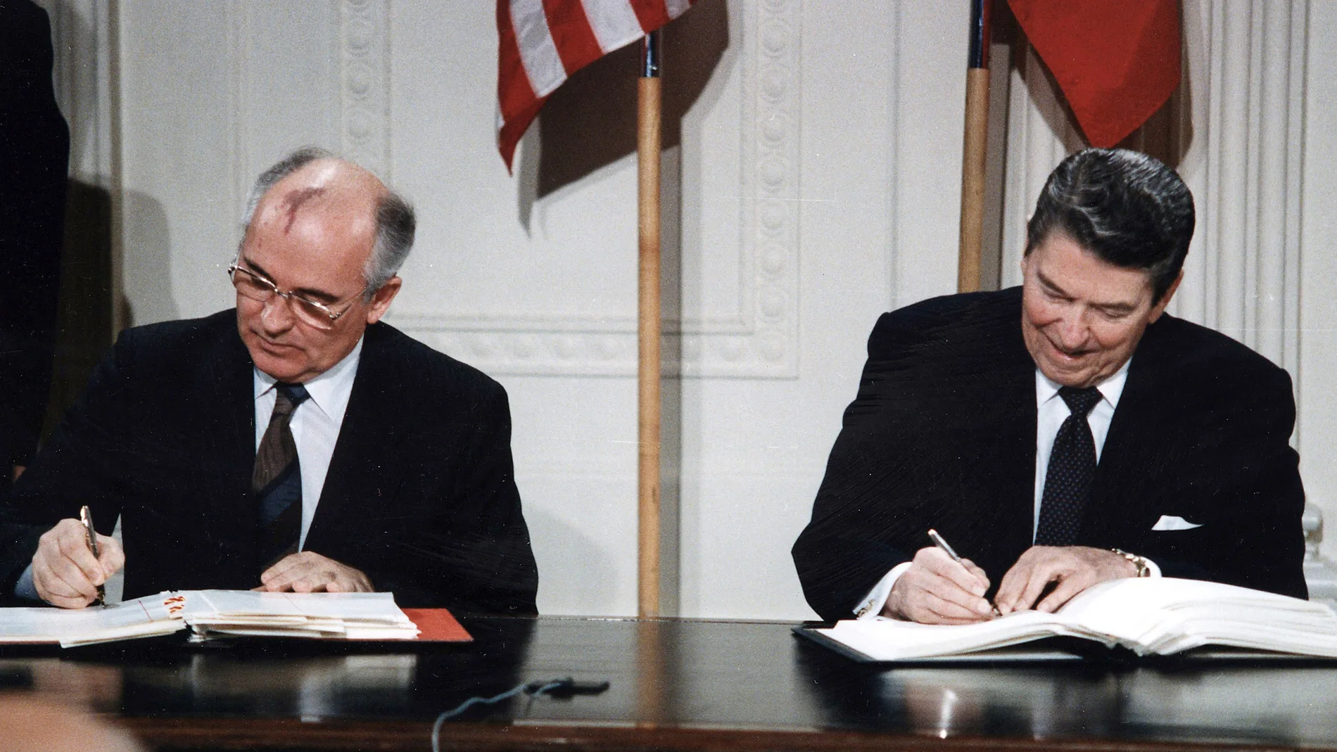 U.S. President Ronald Reagan and Soviet General Secretary Mikhail Gorbachev signing the INF Treaty in the East Room at the White House in 1987. The Intermediate-Range Nuclear Forces Treaty (INF) is a 1987 agreement between the United States and the Soviet Union. The treaty eliminated nuclear and conventional ground-launched ballistic and cruise missiles with intermediate ranges