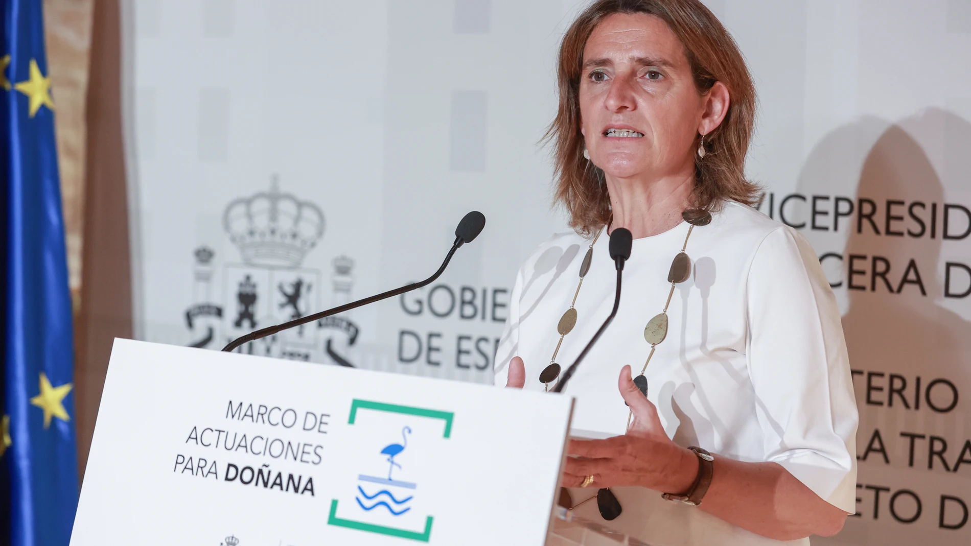 La ministra para la Transición Ecológica y el Reto Demográfico, Teresa Ribera interviene en el acto de firma del Acuerdo con Doñana. A 13 de mayo de 2024, en Sevilla (Andalucía, España). La vicepresidenta tercera del Gobierno y ministra para la Transición Ecológica y el Reto Demográfico, Teresa Ribera, y el consejero de Sostenibilidad, Medio Ambiente y Economía Azul, Ramón Fernández-Pacheco han participado en el acto de firma con los 14 ayuntamientos del entorno de Doñana para el reparto de l...