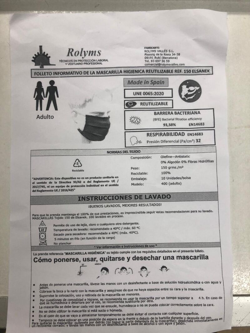 Prospecto de las mascarillas que se entrgaron a los docentes en Baleares