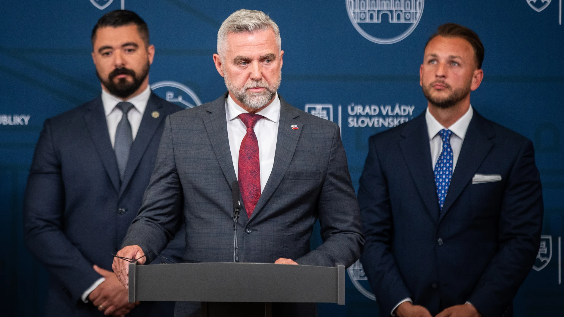 Bratislava (Slovakia (slovak Republic)), 19/05/2024.- (L-R) Acting Director of Slovak Information Service Pavol Gaspar, Head of Defense and Security Committee and MP Tibor Gaspar and Minister of Interior Matus Sutaj Estok, attend the press conference about the Security Situation in Slovakia after the assassination attempt on Prime Minister Robert FIco in Bratislava, Slovakia, 19 May 2024. Slovak Prime Minister Robert Fico was shot and injured in Handlova on 15 May and transported to a hospita...