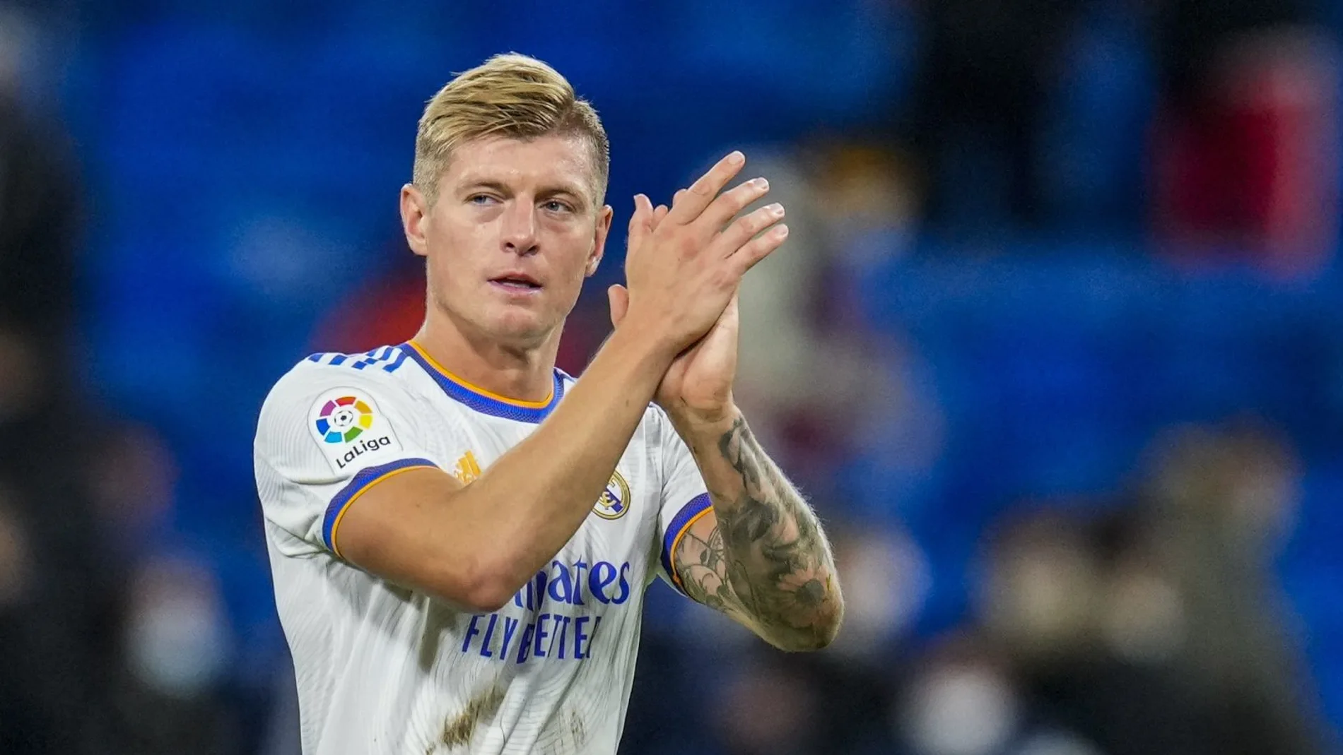 Real Madrid's Toni Kroos applauds at the end of the Spanish La Liga soccer match between Real Madrid and Rayo Vallecano at the Bernabeu stadium in Madrid.