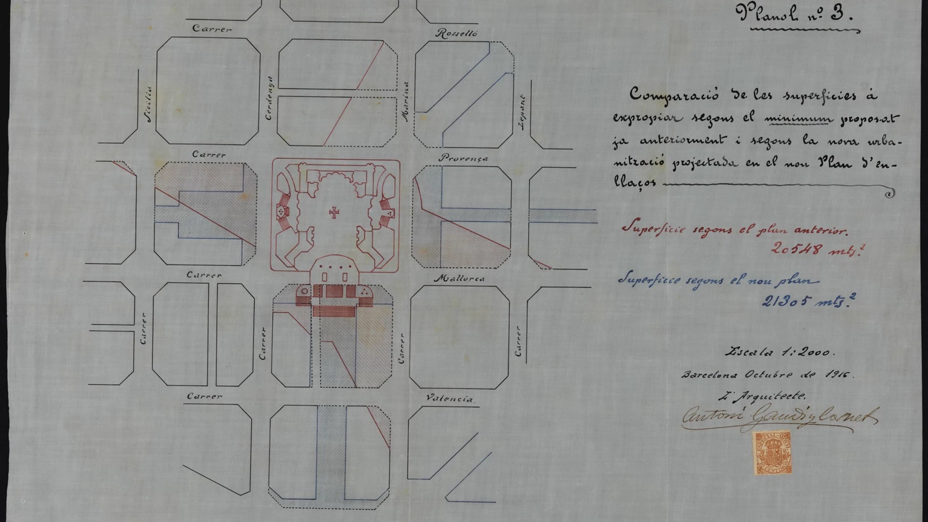 El plano original de Antoni Gaudí con la proyectada escalinata