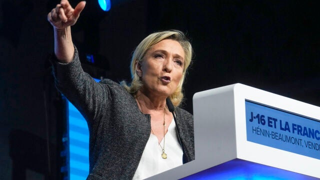 Leader of the French far right National Rally Marine Le Pen speaks during a meeting for the upcoming European elections in Henin-Beaumont, northern France, Friday, May 24, 2024. (AP Photo/Michel Euler)
