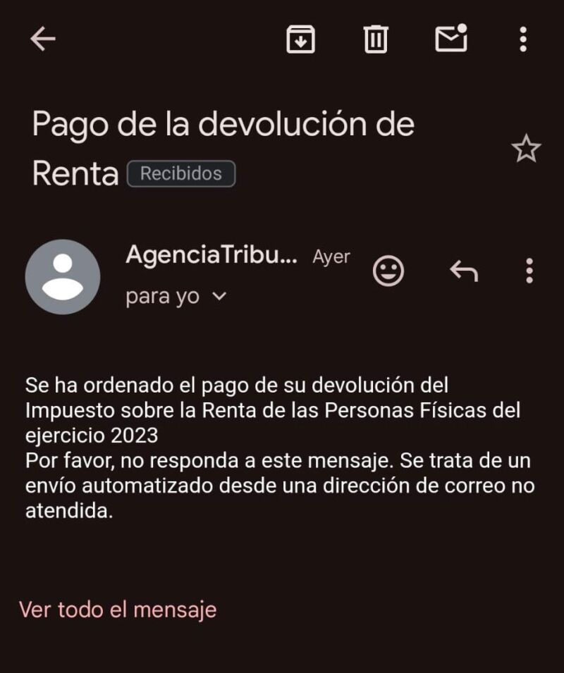 Notificación por correo electrónico de la Agencia Tributaria