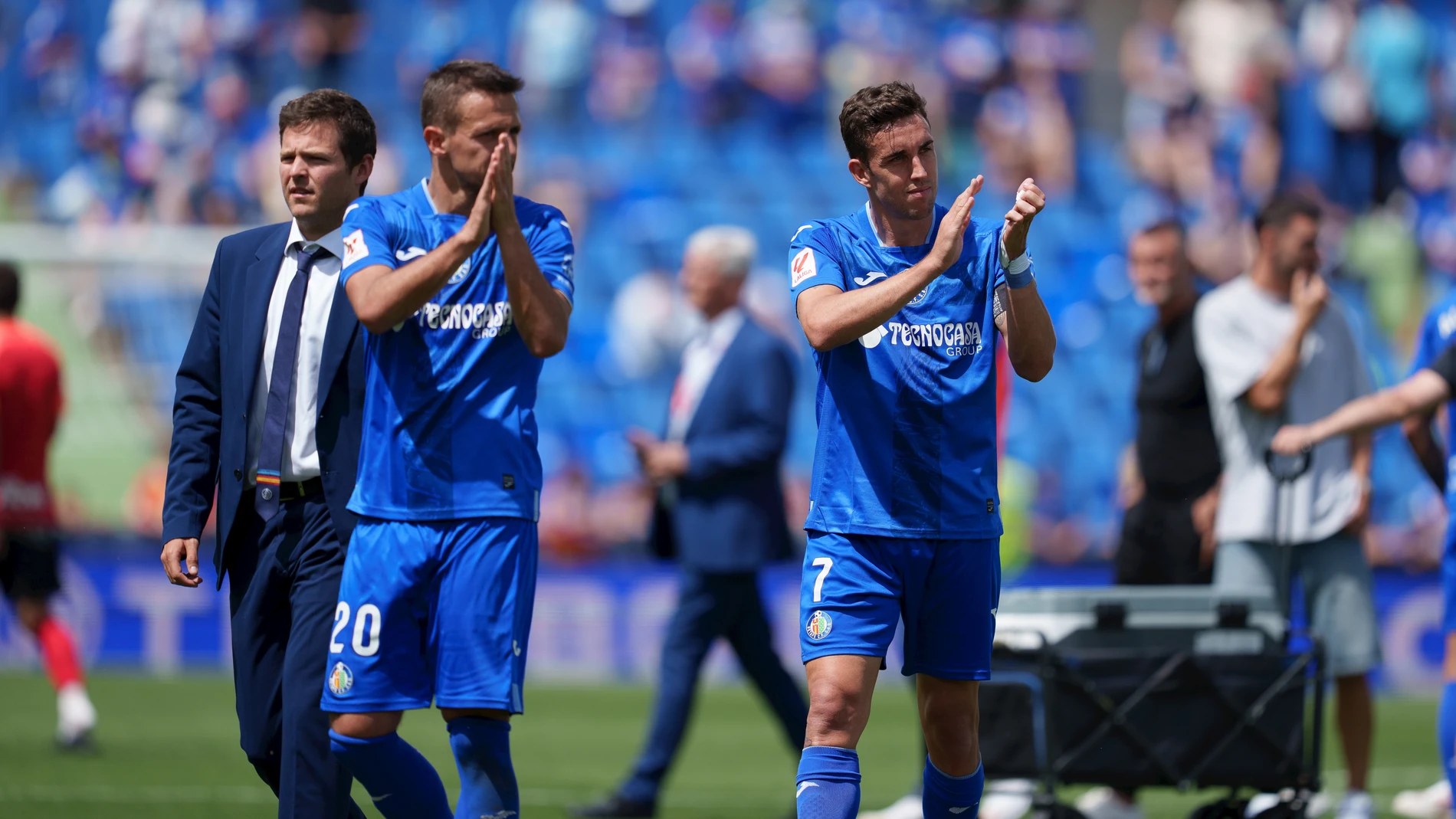 Nemanja Maksimovic and Jaime Mata of Getafe CF saludates to the supporters during the Spanish League, LaLiga EA Sports, football match played between Getafe CF and RCD Mallorca at Coliseum de Getafe on May 26, 2024, in Getafe, Madrid, Spain. AFP7 26/05/2024 ONLY FOR USE IN SPAIN