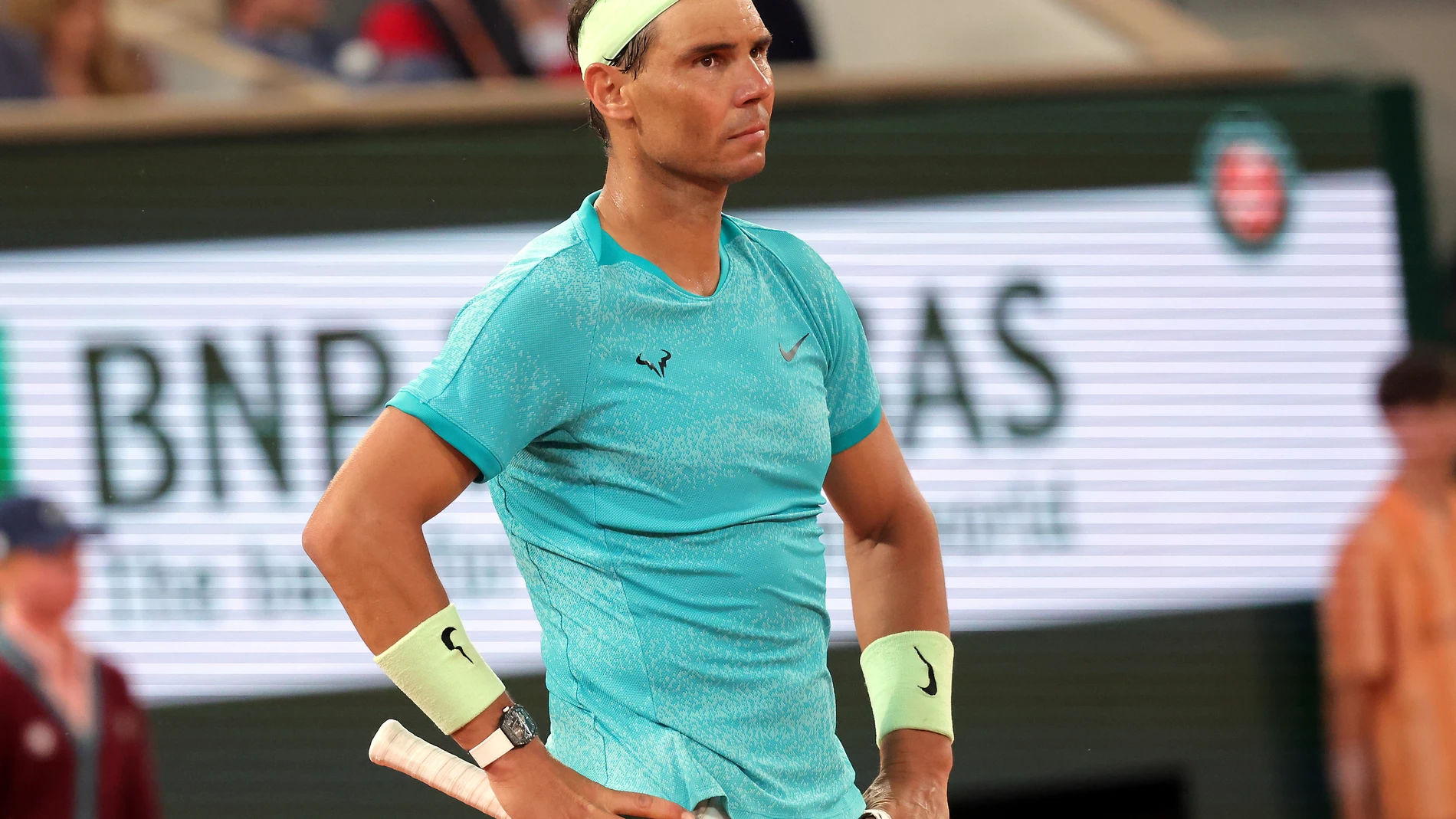 Paris (France), 27/05/2024.- Rafael Nadal of Spain reacts during his Men's Singles 1st round match against Alexander Zverev of Germany during the French Open Grand Slam tennis tournament at Roland Garros in Paris, France, 27 May 2024. (Tenis, Abierto, Francia, Alemania, España) EFE/EPA/TERESA SUAREZ