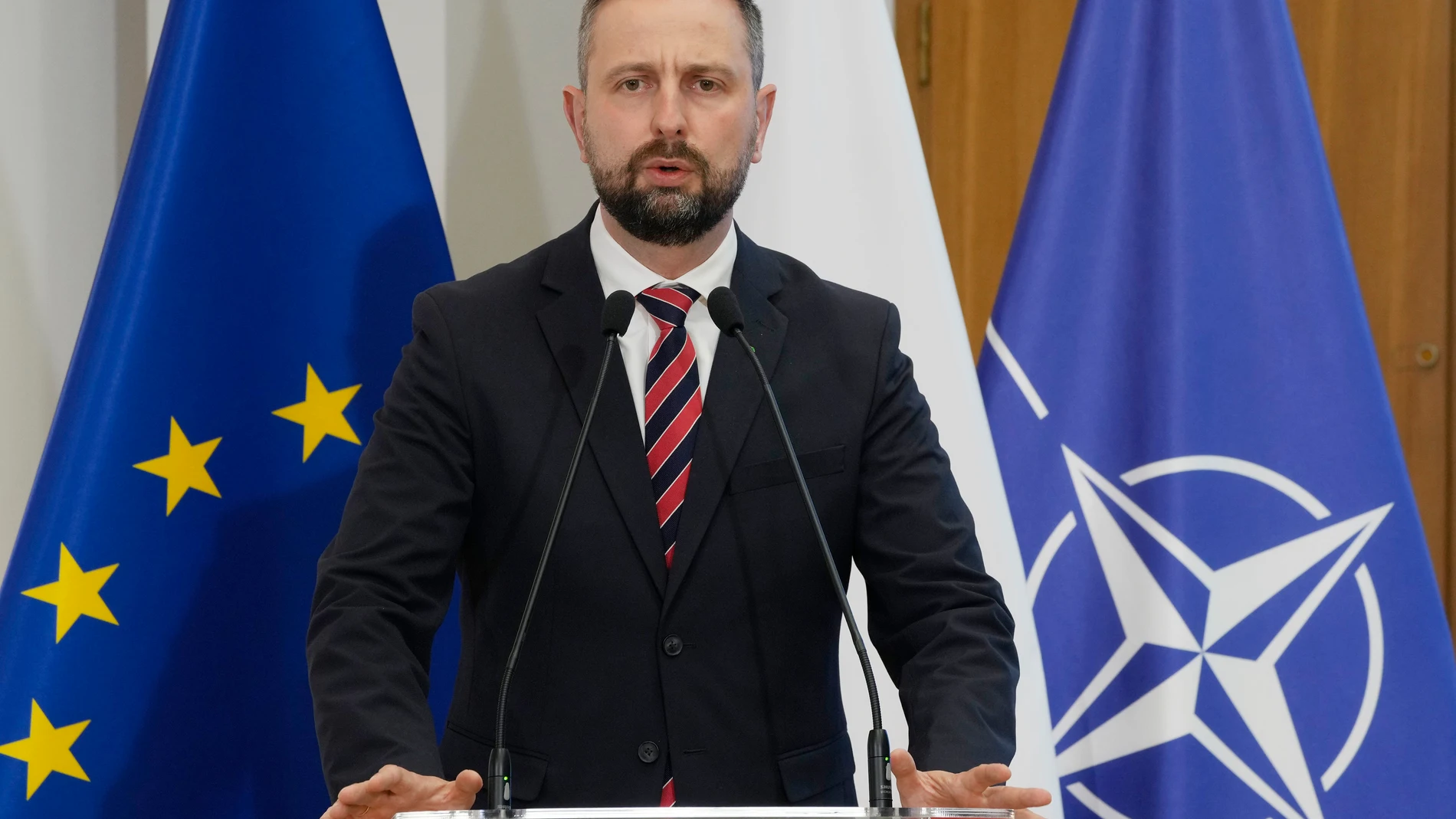Poland's Defense Minister Wladyslaw Kosiniak-Kamysz speaks about a program of strengthening the defense of NATO'S eastern flank in Warsaw, Poland, Monday, May, 27, 2024, during a presentation of a program to upgrade the security of Poland's border with Russia and Belarus, which is also European Union's eastern border. (AP Photo/Czarek Sokolowski)
