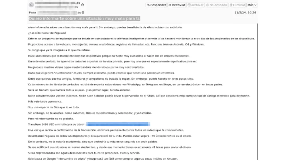 Uno de los correos de esta campaña de sextorsión.