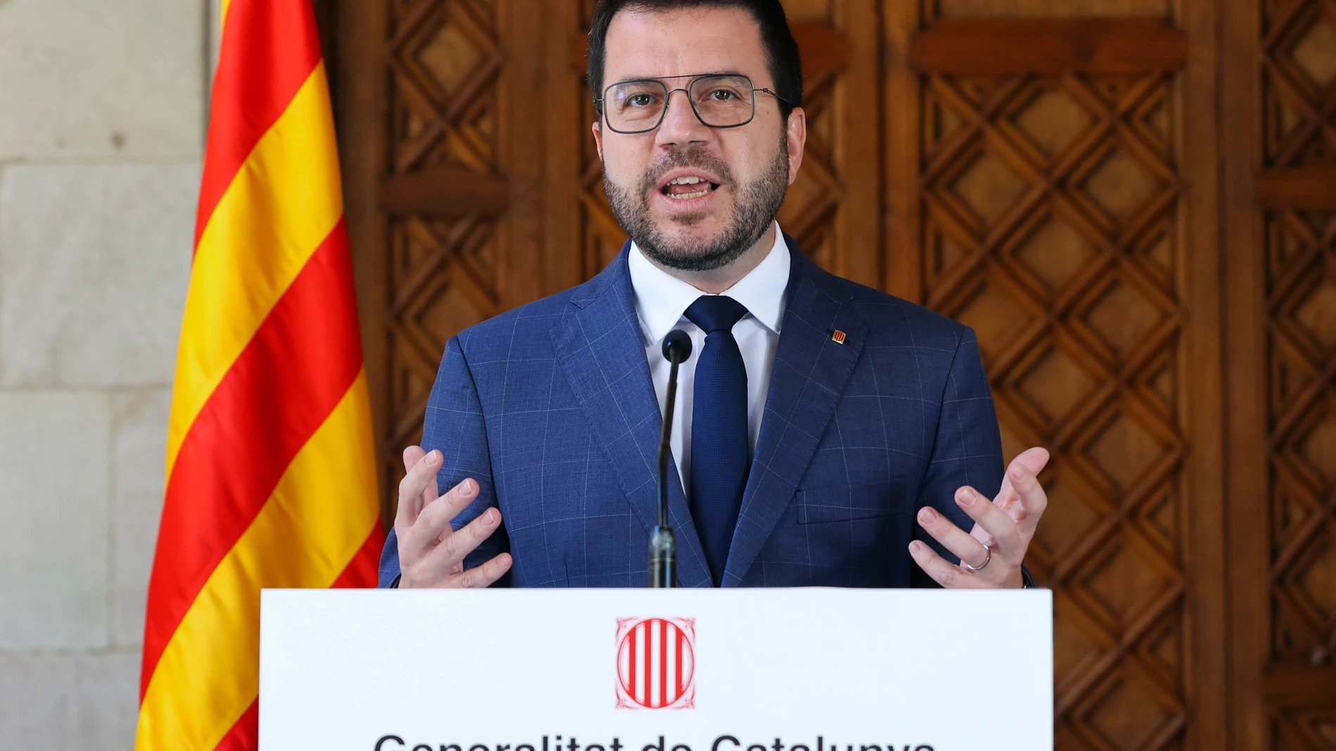 GRAFCAT4969 BARCELONA 30/05/2024.- El presidente de la Generalitat de Cataluña en funciones, Pere Aragonès, durante la declaración institucional realizada esta tarde con motivo de la aprobación hoy el Congreso de los Diputados de la ley de amnistia. EFE/ Rubén Moreno/Generalitat SÓLO USO EDITORIAL/SOLO USO PERMITIDO PARA ILUSTRAR LA NOTICIA QUE APARECE EN EL PIE DE FOTO (CRÉDITO OBLIGATORIO)