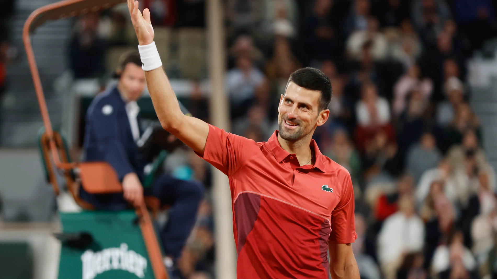 Serbia's Novak Djokovic gestures to the crowd during his second round match of the French Open tennis tournament against Spain's Roberto Carballes Baena at the Roland Garros stadium in Paris, Thursday, May 30, 2024. (AP Photo/Jean-Francois Badias)