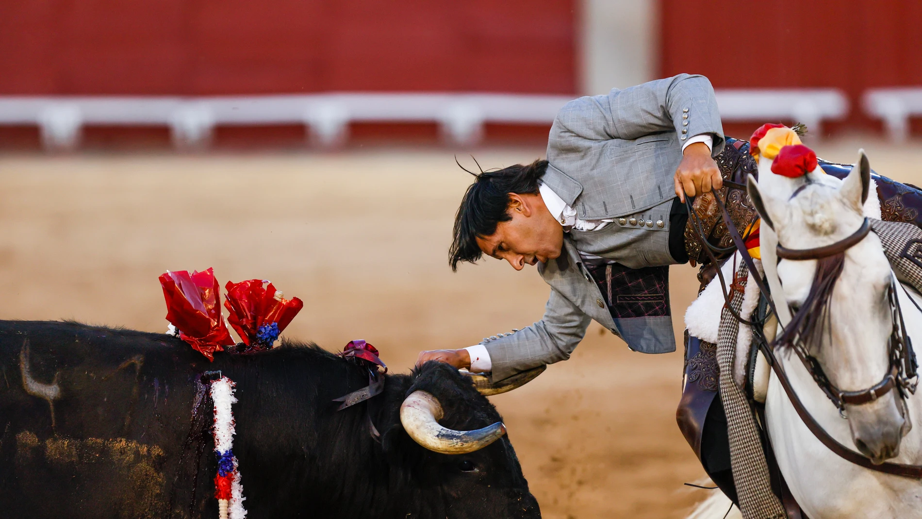 TOLEDO, 31/05/2024.- El rejoneador portugués Diego Ventura con su primer astado durante el festejo taurino del Corpus Christi celebrado hoy viernes en la Plaza de Toros de Toledo, compartiendo cartel con Sergio Galán y Lea Vicens. EFE/ Ismael Herrero