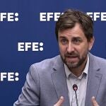 El candidato de JxCAT en las europeas, Toni Comín, durante su participación en Bruselas (Bélgica) en el marco del ciclo de ruedas de prensa organizadas por la Agencia EFE sobre las elecciones europeas del 9 de junio. 