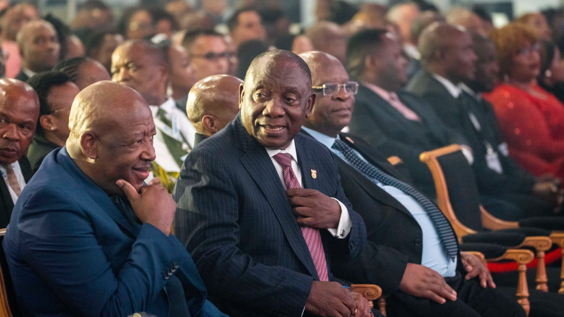 South African President Cyril Ramaphosa arrives at the formal announcement of the results in South Africa's general election at the National Results Operations Center in Johannesburg, South Africa, Sunday, June 2, 2024. Humbled by a stinging election result, South Africa's African National Congress was talking to everyone in an effort to form a stable coalition government for Africa's most advanced economy after it lost its 30-year majority. (AP Photo/Jerome Delay)