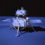 This image taken from video animation at Beijing Aerospace Control Center (BACC) on June 2, 2024 shows the lander-ascender combination of Chang'e-6 probe landing on the far side of the moon. China's Chang'e-6 touched down on the far side of the moon on Sunday morning, and will collect samples from this rarely explored terrain for the first time in human history, the China National Space Administration (CNSA) announced. Supported by the Queqiao-2 relay satellite, the lander-ascender combination of the Chang'e-6 