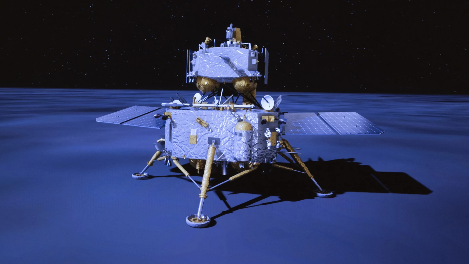 This image taken from video animation at Beijing Aerospace Control Center (BACC) on June 2, 2024 shows the lander-ascender combination of Chang'e-6 probe landing on the far side of the moon. China's Chang'e-6 touched down on the far side of the moon on Sunday morning, and will collect samples from this rarely explored terrain for the first time in human history, the China National Space Administration (CNSA) announced. Supported by the Queqiao-2 relay satellite, the lander-ascender combination of the Chang'e-6