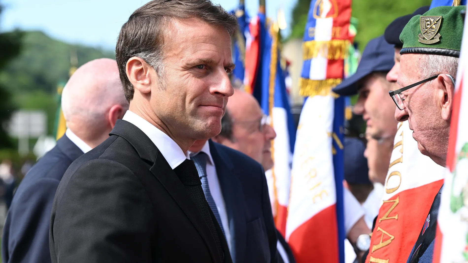 Tulle (France), 07/06/2024.- French President Emmanuel Macron attends a memorial ceremony in Tulle, France, 10 June 2024, where 99 civilians were hanged by a Nazi commando on 09 June 1944 during World War II. It is President Macron's first public appearance after he announced new legislative elections following the defeat of his Renaissance party in European elections. (Elecciones, Francia) EFE/EPA/CAROLINE BLUMBERG / POOL