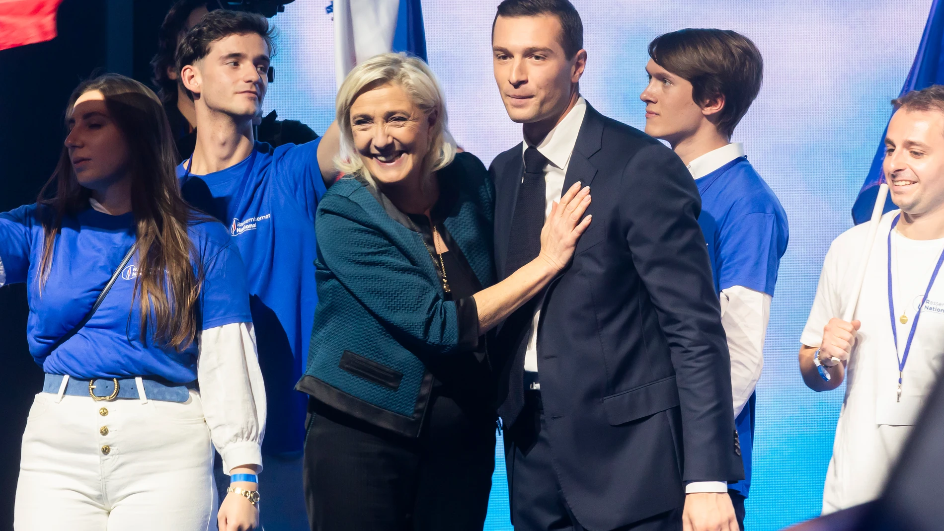 June 2, 2024, Paris, France, France: Paris, France June 2, 2024 - Meeting of the political party Rassemblement National (RN) ahead of the European elections. The 27 EU countries have set the dates for the next European elections from June 6 to 9, 2024. 81 MEPs will be elected in France, where the vote will take place on June 9 - Jordan Bardella, Marine Le Pen..POLITIQUE, RN , RASSEMBLEMENT NATIONAL, ELECTIONS EUROPEENNES, VOTE, CANDIDAT. 02/06/2024