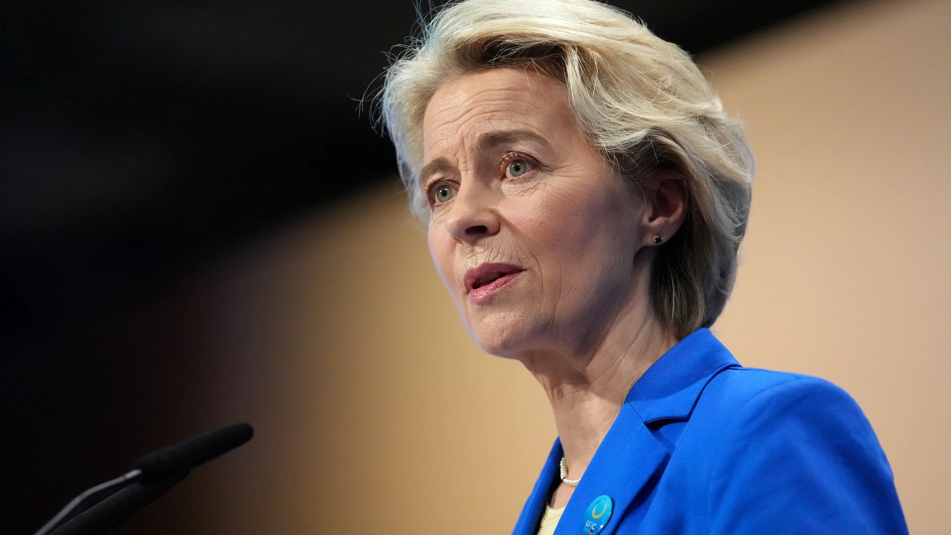 European Commission President Ursula von der Leyen speaks during the opening ceremony of the Ukraine recovery conference in Berlin, Germany, Tuesday, June 11, 2024. Germany is hosting a conference to gather support for Ukraine's recovery from the destruction wreaked by Russia's war, sending a new signal of solidarity with Kyiv at the start of a week of intense diplomacy. (AP Photo/Ebrahim Noroozi)