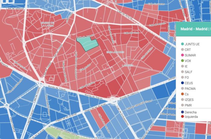 Un mapa de los resultados por calles de las europeas que muestra la victoria de Junts