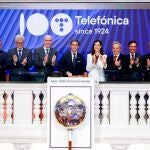 El presidente de Telefónica, José María Álvarez-Pallete, durante el "toque de campana" 