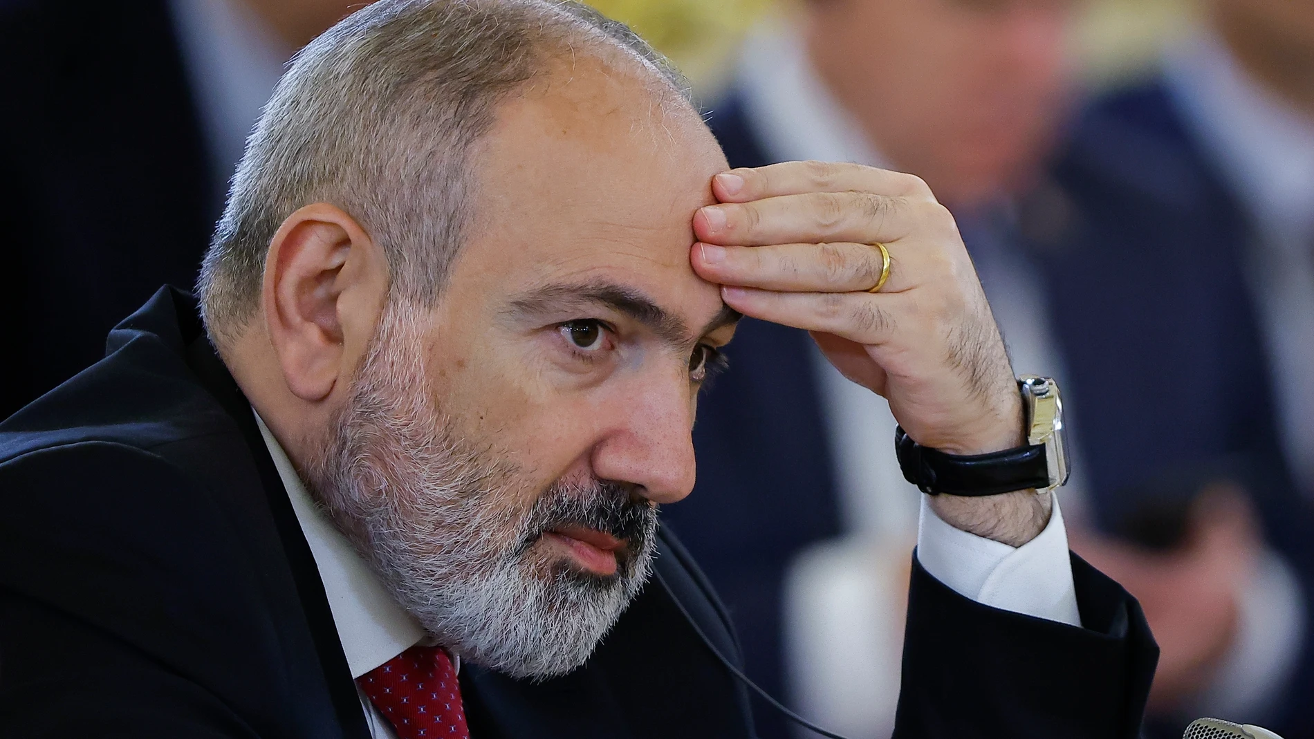 FILE - Armenian Prime Minister Nikol Pashinyan attends a meeting of the Supreme Eurasian Economic Council of the Eurasian Economic Union at the Kremlin in Moscow, Russia, on Wednesday, May 8, 2024. The leader of Armenia has declared his intention to pull out of a Russia-dominated security alliance of several ex-Soviet nations as tensions rise between the two allies. (Evgenia Novozhenina/Pool Photo via AP, File)