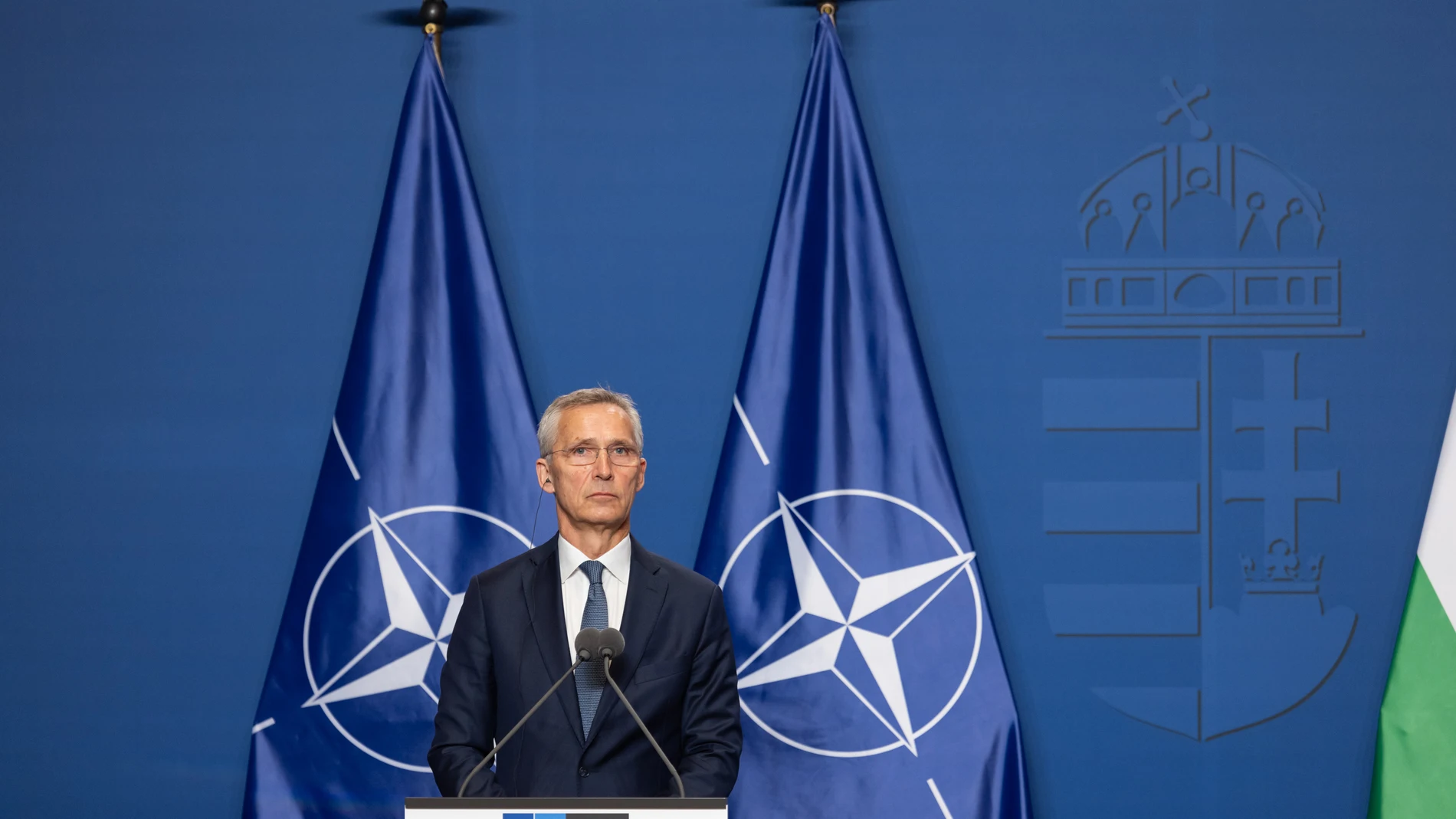 BUDAPEST, June 12, 2024 -- Jens Stoltenberg, North Atlantic Treaty Organization (NATO) secretary general, attends a joint press conference with Hungarian Prime Minister Viktor Orban in Budapest, Hungary on June 12, 2024. Hungary will not participate in North Atlantic Treaty Organization (NATO) efforts in Ukraine, Hungarian Prime Minister Viktor Orban said here on Wednesday. The Hungarian government has received guarantees that in the case of the Russia-Ukraine armed conflict, Hungary woul...