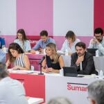 Yolanda Díaz durante la reunión del grupo de coordinación de Sumar.