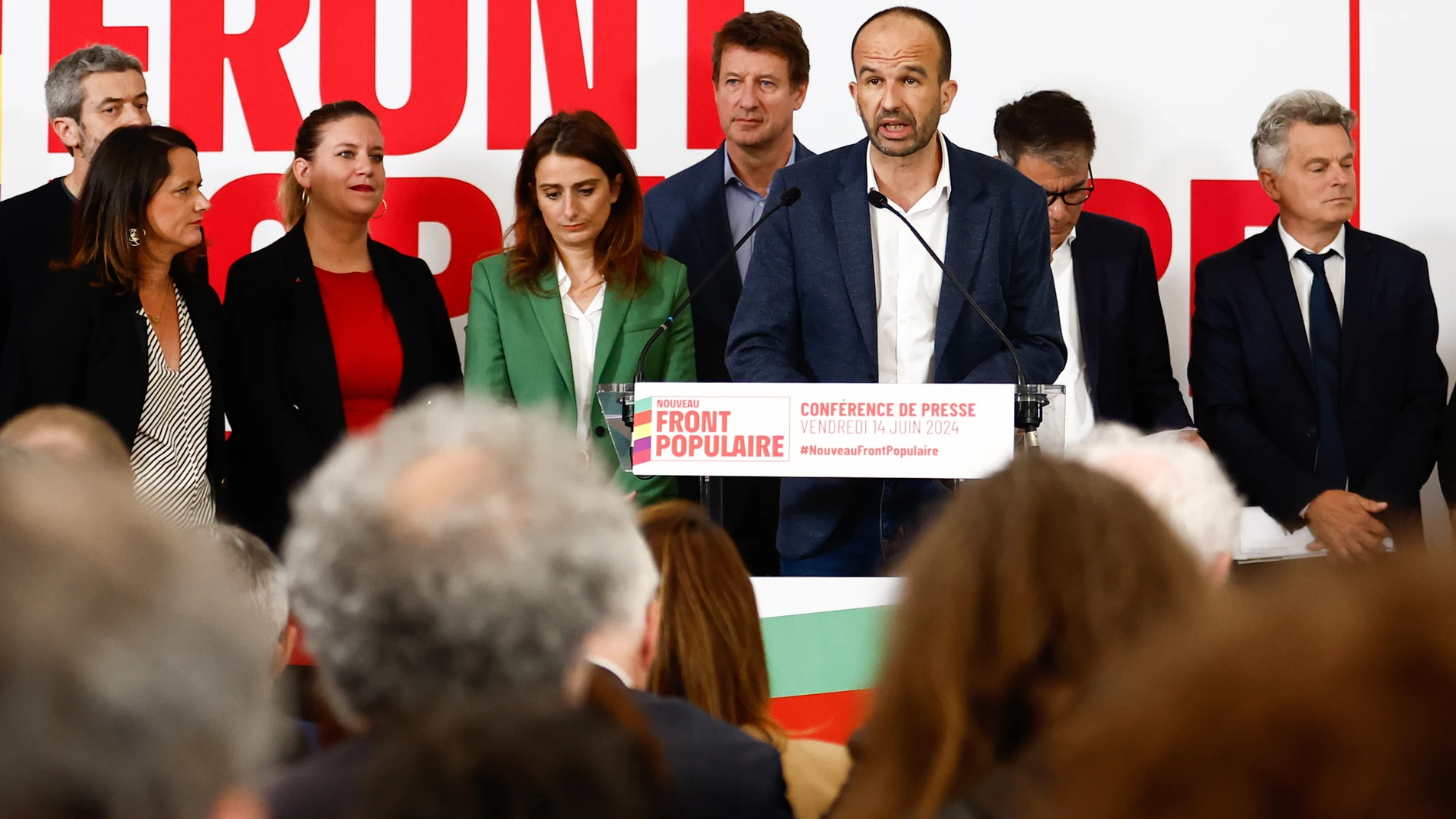 Paris (France), 14/06/2024.- French member of Parliament for La France Insoumise (LFI) party Manuel Bompard (C) speaks during a press conference to announce the program of the newly elected pact Nouveau Front Populaire 'lit. New Popular Front' at the Maison de la Chimie in Paris, France, 14 June 2024, flanked by Greenpeace France General Director Jean-Francois Julliard, (L), French member of Parliament for La France Insoumise (LFI) party Mathilde Pano (3-L), French National Secretary of The E...
