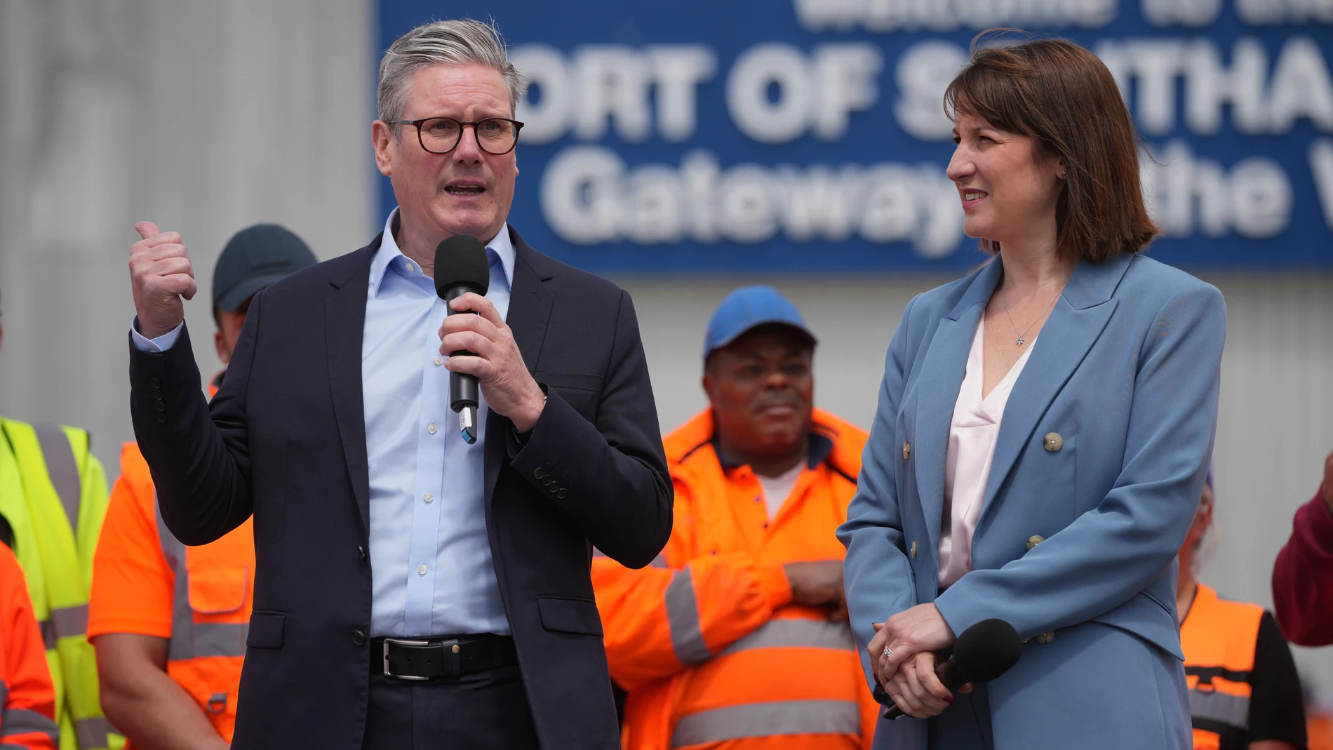 Britain's Labour Party leader Keir Starmer with shadow chancellor Rachel Reeves speaks during a general election campaign event Southampton Docks in Southampton, England, Monday, June 17, 2024. (AP Photo/Kin Cheung)