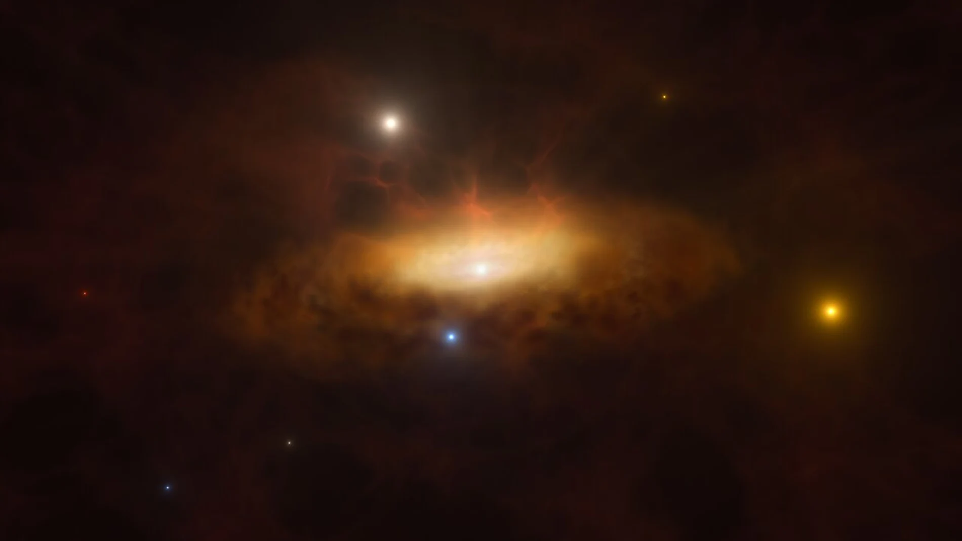 A finales de 2019, la galaxia SDSS1335+0728 comenzó a brillar más que nunca y fue clasificada como una galaxia con un núcleo galáctico activo. Es la primera vez que se observa el despertar de un agujero negro masivo en tiempo real. Esta impresión artística muestra el disco creciente de material siendo atraído por el agujero negro mientras se alimenta del gas disponible en su entorno, haciendo que la galaxia brille.