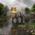 Retrato del Lokiceratops en su hábitat natural, unos 80 millones de años atrás. 