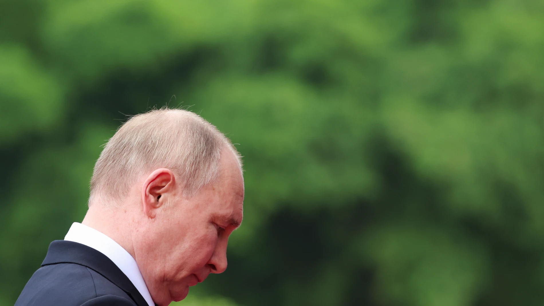 Russia's President Vladimir Putin reacts, on the day he lays a wreath at the Ho Chi Minh Mausoleum during his visit to Hanoi, Vietnam, Thursday, June 20, 2024. (Athit Perawongmetha/Pool Photo via AP)