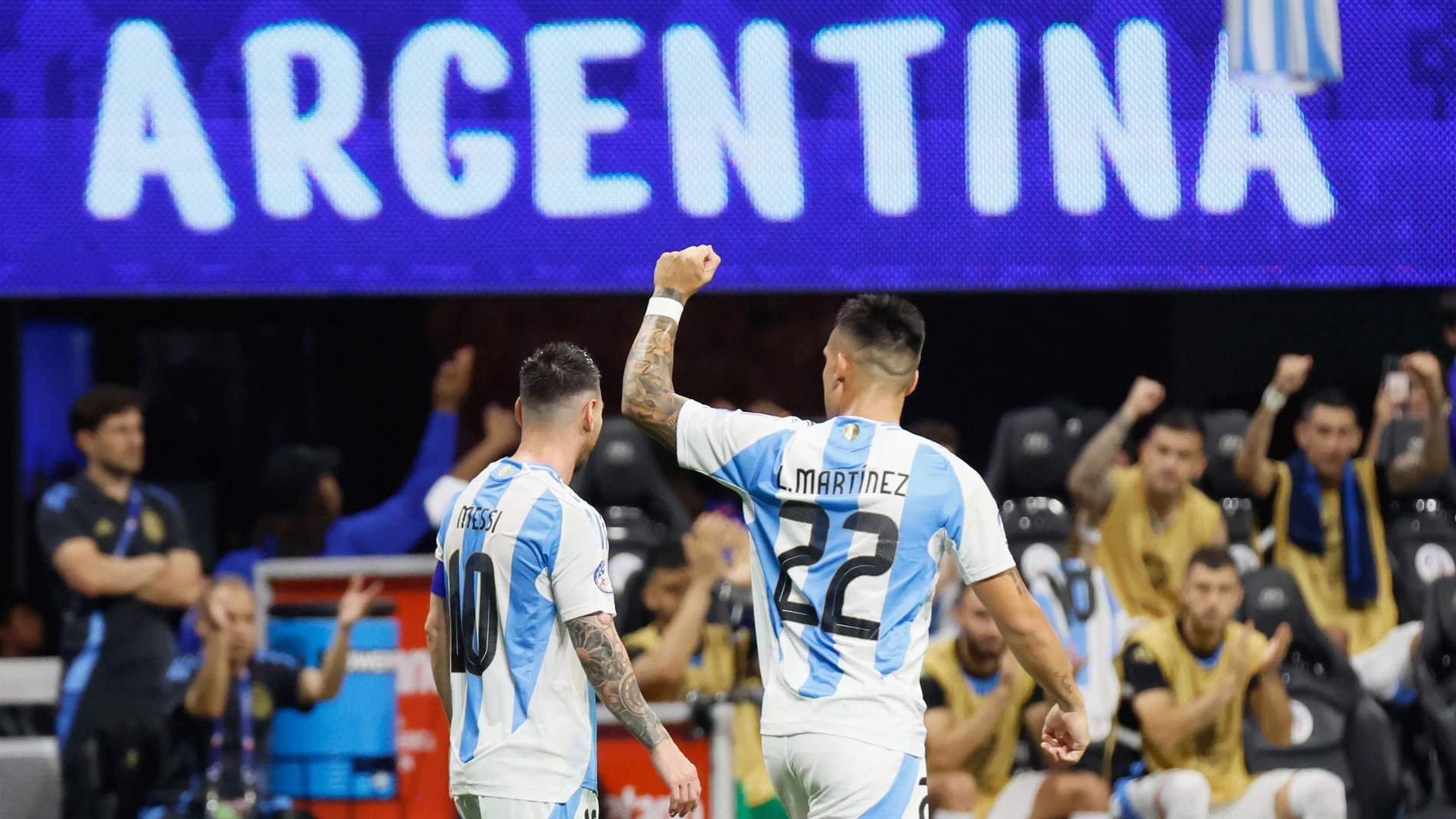 Argentina's Lautaro Martínez (22) after scoring against Canada during the second half of a Copa América soccer match Thursday, June 20, 2024, in Atlanta. (Miguel Martinez/Atlanta Journal-Constitution via AP)