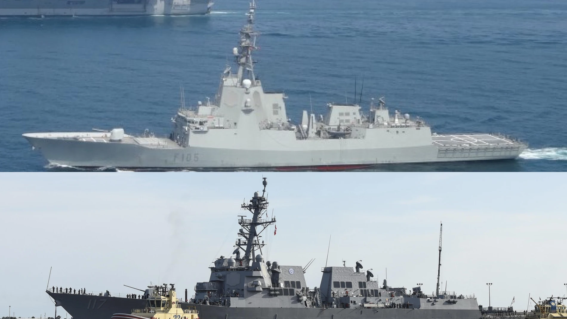 La fragata española Cristóbal Colón, arriba, y el destructor USS Paul Ignatius