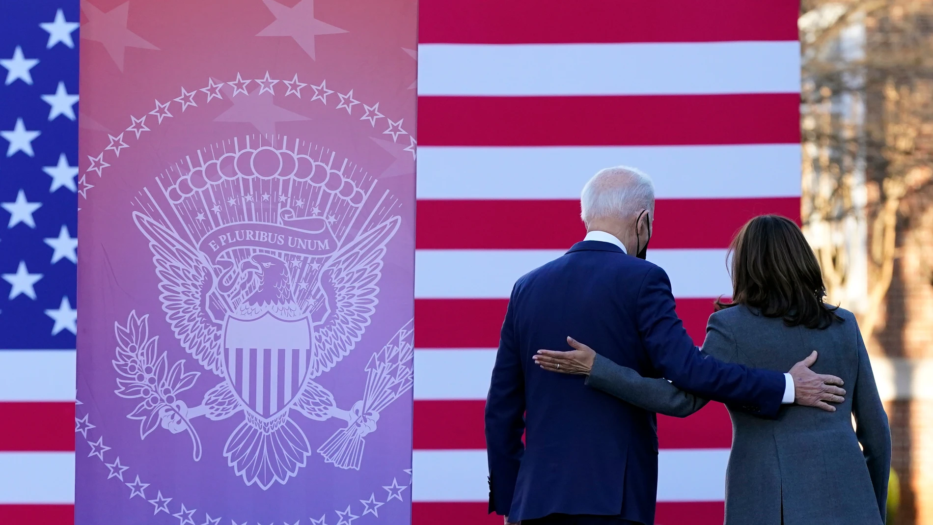 FILE - President Joe Biden and Vice President Kamala Harris walk off stage after speaking in support of changing the Senate filibuster rules that have stalled voting rights legislation, at Atlanta University Center Consortium, on the grounds of Morehouse College and Clark Atlanta University, Jan. 11, 2022, in Atlanta. Harris has been the White House's first line of defense after President Joe Biden's faltering performance in last week's debate with Donald Trump. (AP Photo/Patrick Semansky, File)