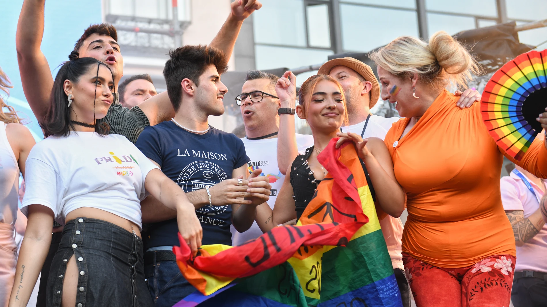 Los concursantes de Operación Triunfo 2023, Martín, Juanjo, Chiara y Violeta durante el pregón del Orgullo de Madrid 2024 (MADO 2024), en la Plaza de Pedro Zerolo, a 3 de julio de 2024, en Madrid (España). Este año está presentado por La Plexy y el pregón corre a cargo de los concursantes de Operación Triunfo 2023, Juanjo, Martin, Violeta y Chiara. Después de este acto, están programadas las actuaciones y conciertos de Diana Navarro y Madrid Modern Choir. 03 JULIO 2024;PREGÓN;MADO;ORGULLO;MA...