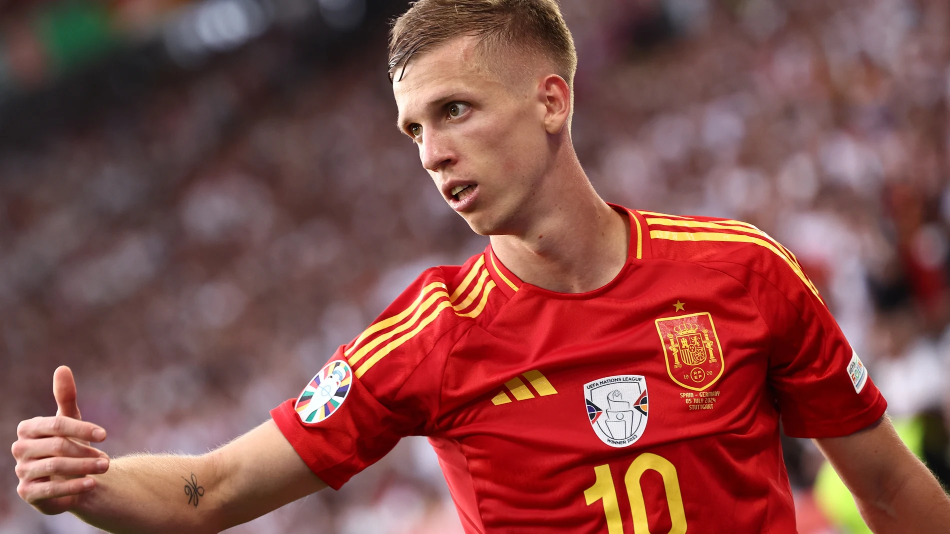 Stuttgart (Germany), 05/07/2024.- Dani Olmo of Spain gesturesduring the UEFA EURO 2024 quarter-finals soccer match between Spain and Germany, in Stuttgart, Germany, 05 July 2024. (Alemania, España) EFE/EPA/ANNA SZILAGYI