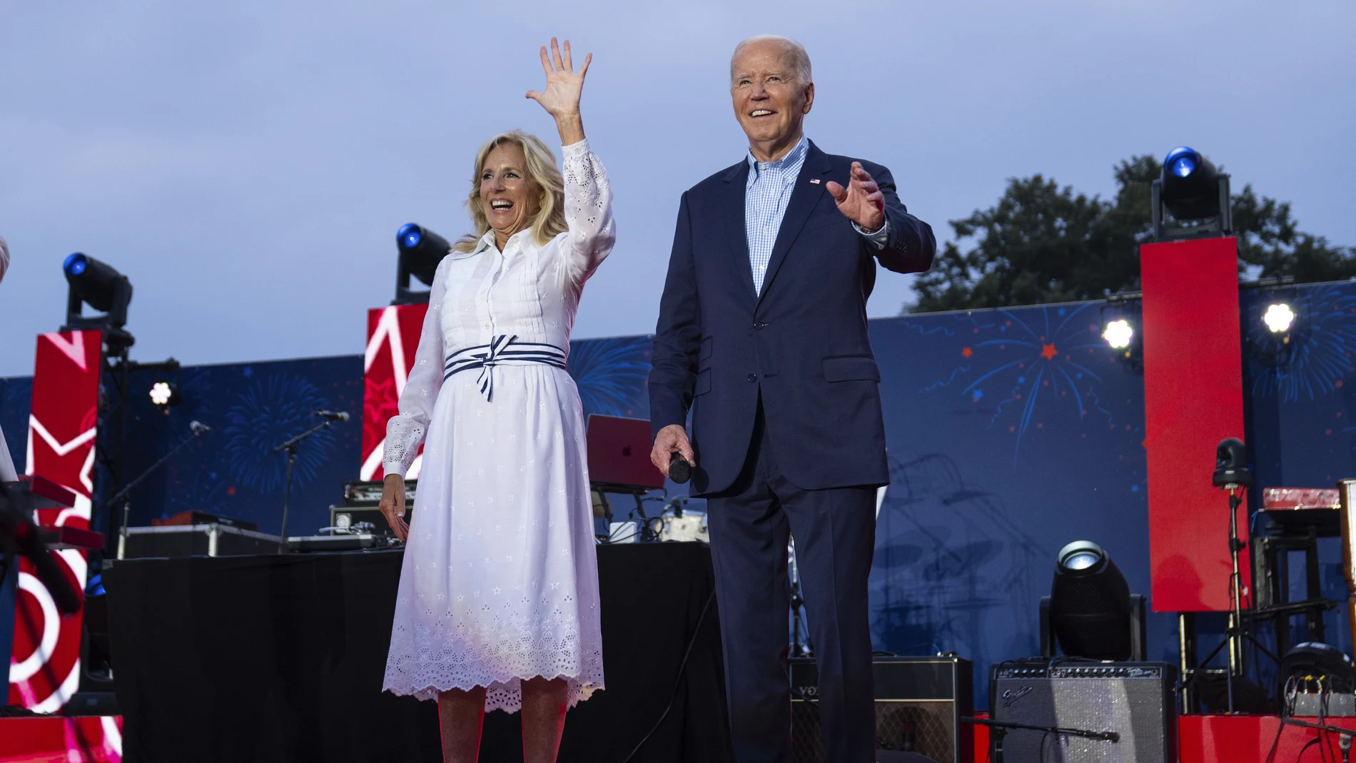 President Joe Biden and first lady Jill Biden arrive for a Fourth of July celebration for military and veteran families on the South Lawn of the White House, Thursday, July 4, 2024, in Washington.