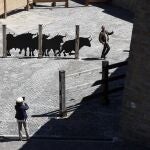GRAFCAV3666. PAMPLONA, 13/06/2024.- Un turista se fotografía junto al perfil de 5 toros a escala real sobre chapa metálica colocados en los corrales de la Cuesta de Santo Domingo. La instalación se ubica aproximadamente en el centro de la plaza. De izquierda a derecha, los animales pasan de una actitud más estática a otra activa y dinámica simulando la situación en el momento del lanzamiento del cohete que da comienzo al encierro diario. EFE/ Jesús Diges