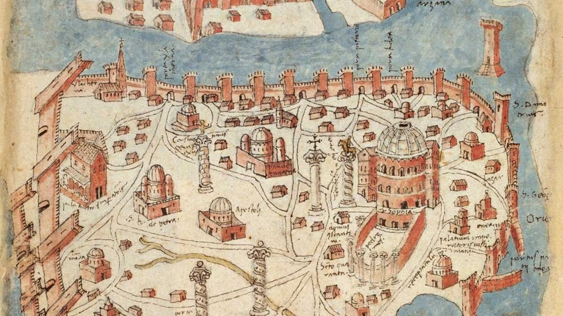 Mapa de la ciudad de Constantinopla realizado por el geógrafo Christoforo Buondelmonti en torno al año 1422