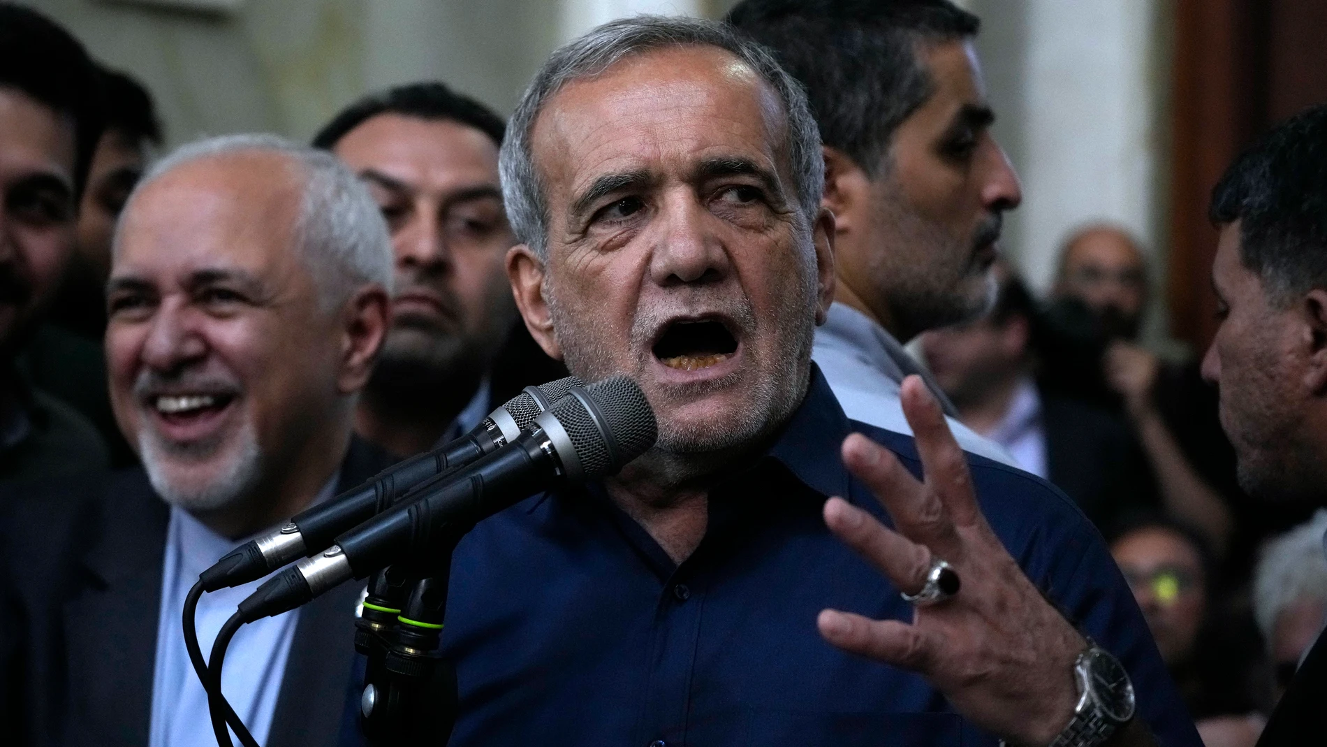 Iran's President-elect Masoud Pezeshkian speaks in a meeting a day after the presidential election, at the shrine of the late revolutionary founder Ayatollah Khomeini, just outside Tehran, Iran, Saturday, July 6, 2024. (AP Photo/Vahid Salemi)