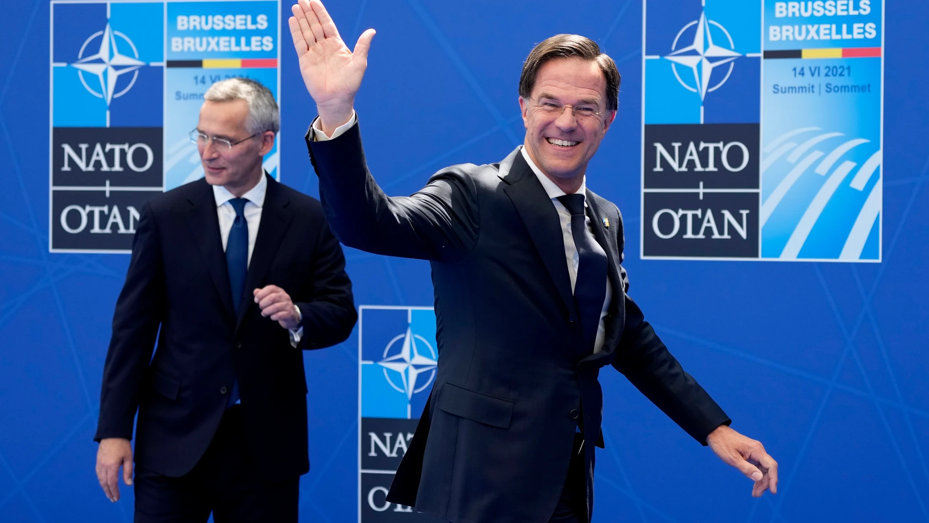FILE - NATO Secretary General Jens Stoltenberg, left, greets Dutch Prime Minister Mark Rutte during arrivals for a NATO summit at NATO headquarters in Brussels, Monday, June 14, 2021. The United States is the most powerful member of NATO. It spends much more on defense than any other ally and far outweighs its partners in terms of military muscle. NATO's day-to-day work is led by its secretary-general Jens Stoltenberg, until he is replaced on Oct. 1, 2024 by Dutch Prime Minister Mark Rutte. (...