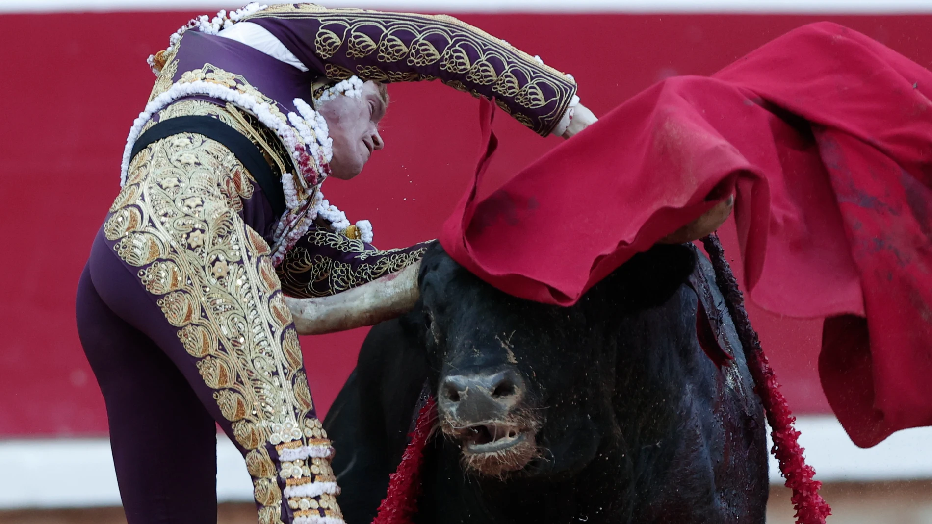 GRAFCAV4819. PAMPLONA, 07/07/2024.- El diestro Borja Jiménez es corneado al entrar a matar a su segundo y último toro de la tarde en la tercera de abono de la Feria de Toro de los Sanfermines 2024. EFE/Jesús Diges